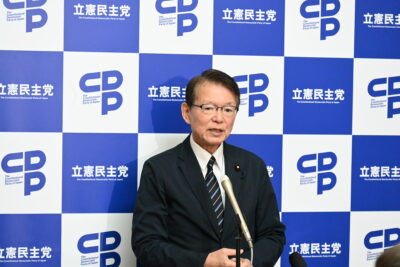 【代表代行会見】長妻代表代行がパーティー券購入を含めた企業・団体献金の禁止を訴える